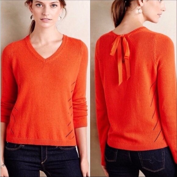 Anthropologie Moth Womens Orange Tie Back Cashmere Sweater V Neck size XS - Picture 1 of 14